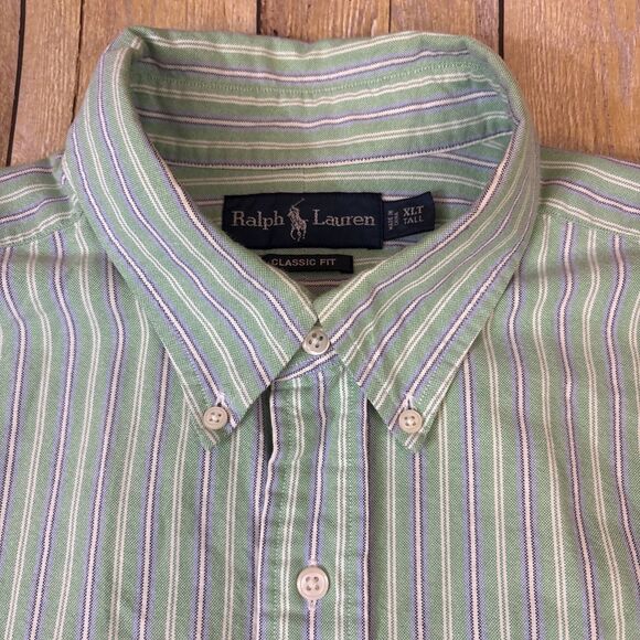 Polo Ralph Lauren Shirt Short Sleeve Button Down XLT Big And Tall Green Striped - Picture 6 of 8